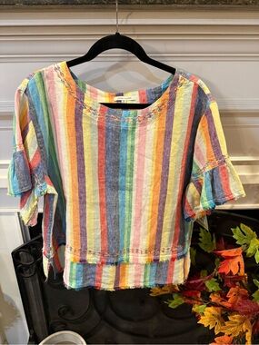 John Mark Rainbow Striped Short Sleeve Crop Top